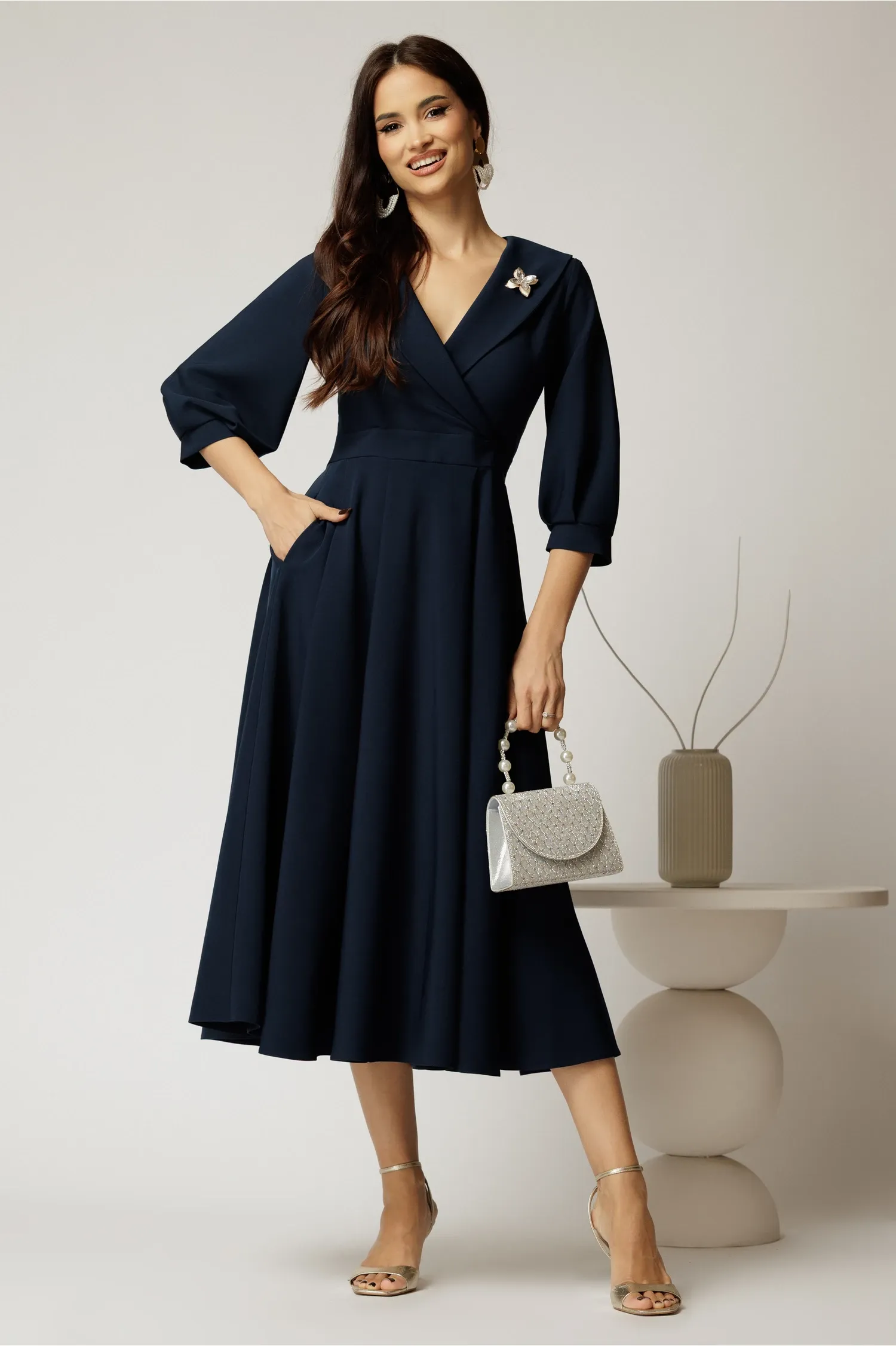 Rochie office din stofa bleumarin cu bust petrecut si rever 3