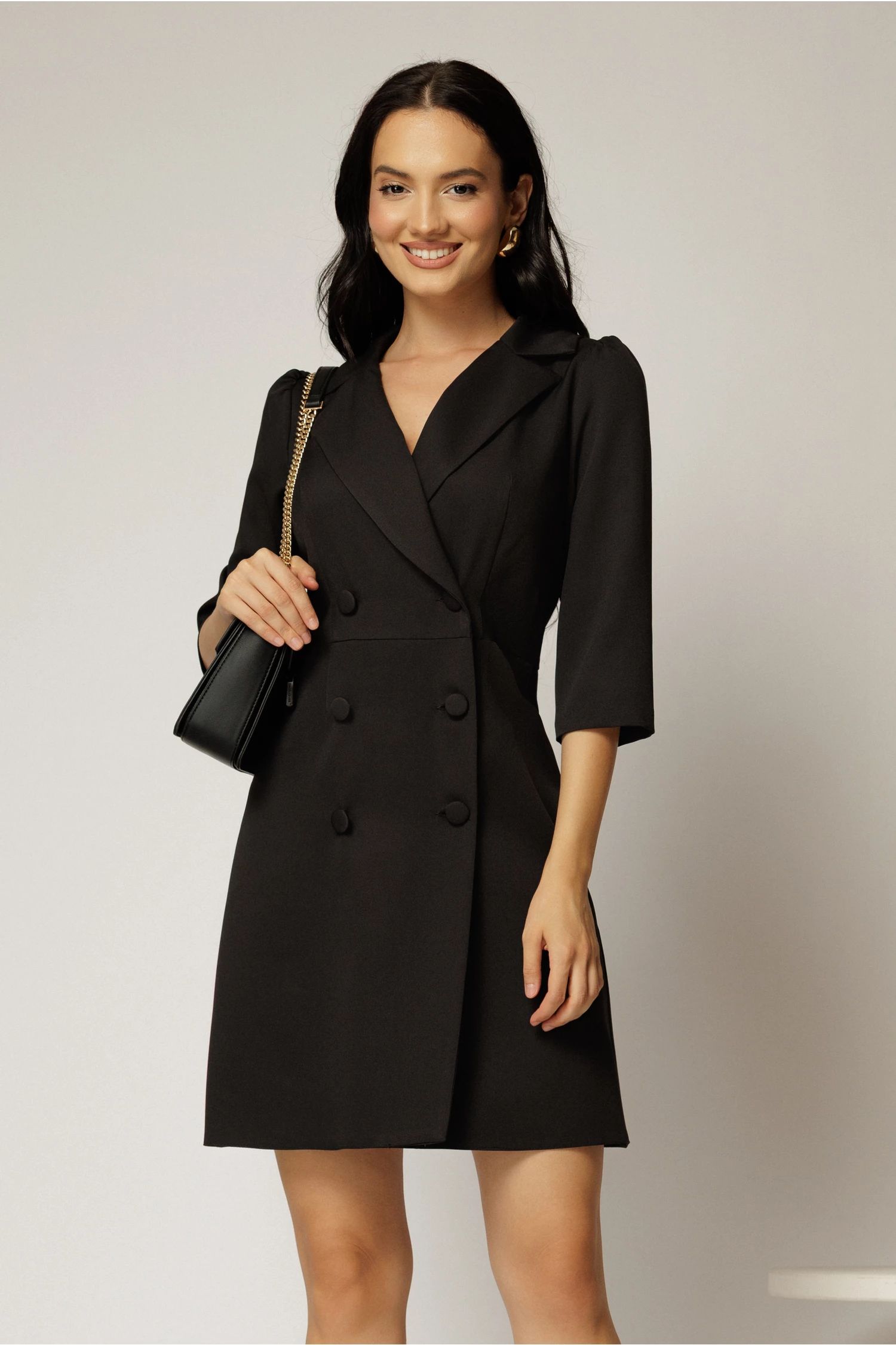 Rochie scurta office neagra tip sacou cu inchidere cu nasturi