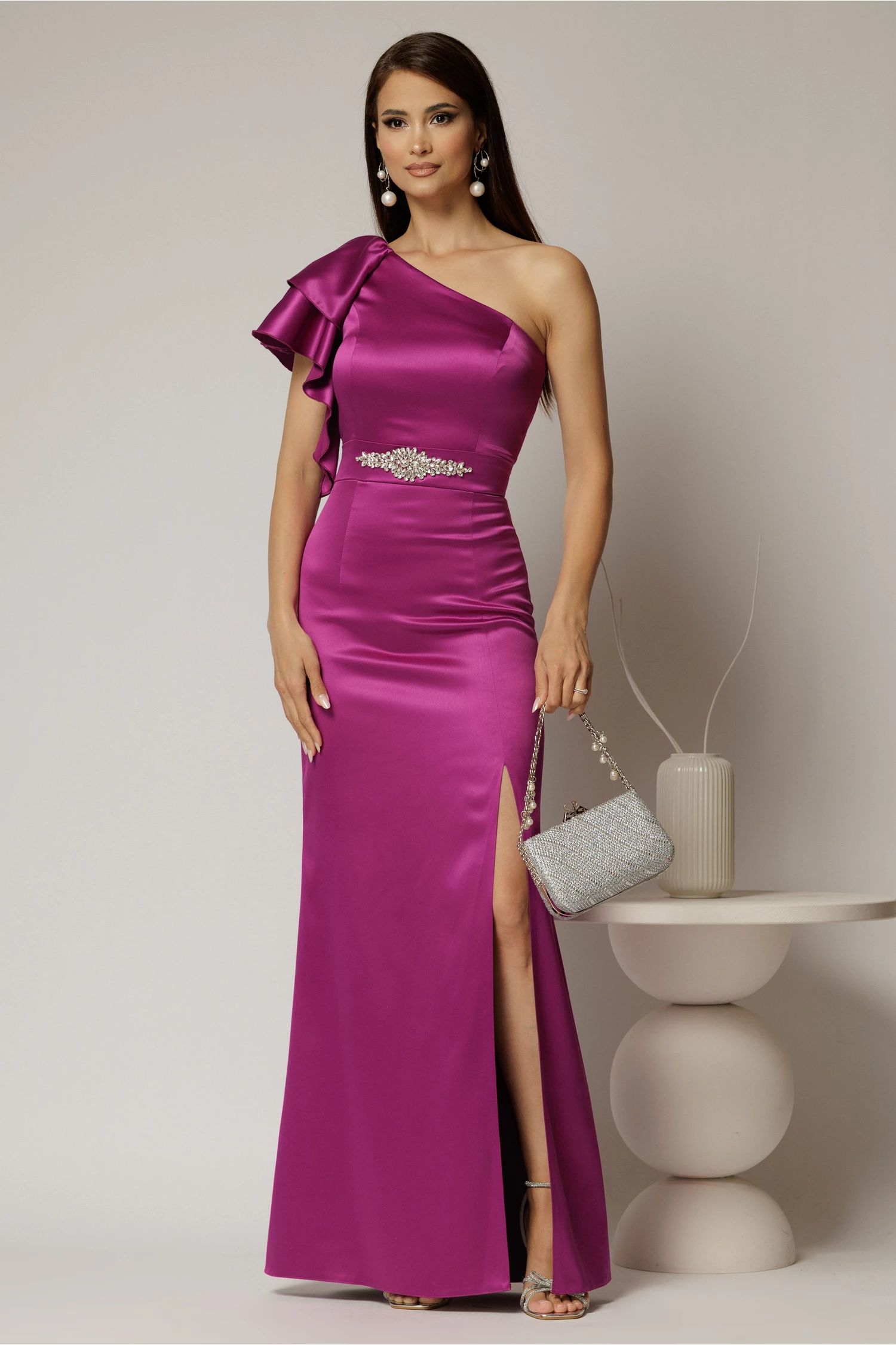 Rochie Zara lunga eleganta din tafta magenta cu un umar gol