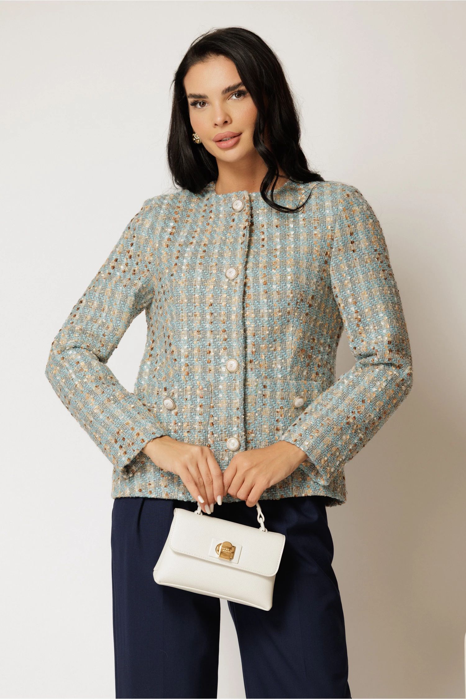 Sacou dama bleu din tweed cu fir lurex