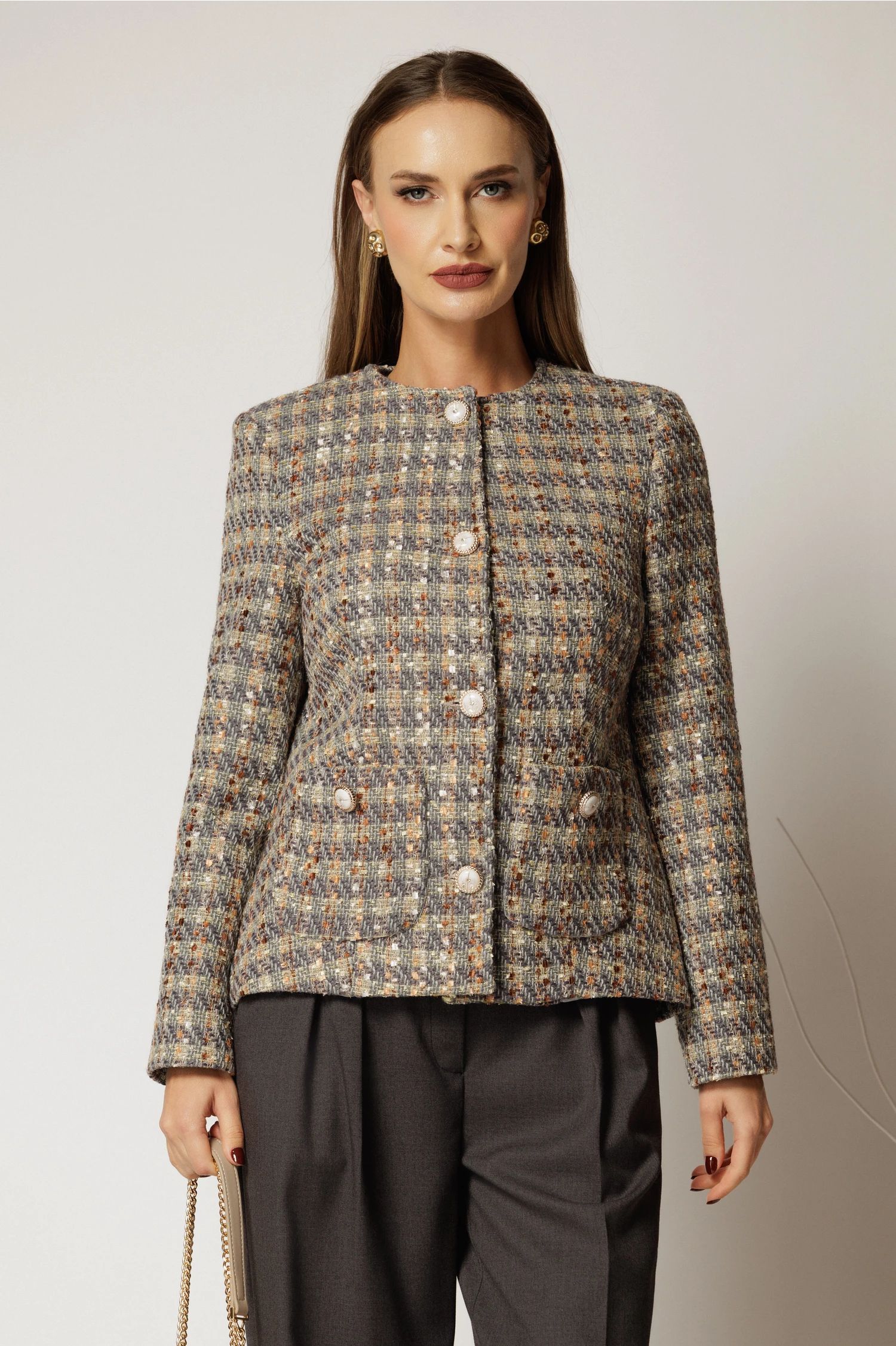 Sacou dama gri din tweed cu fir lurex