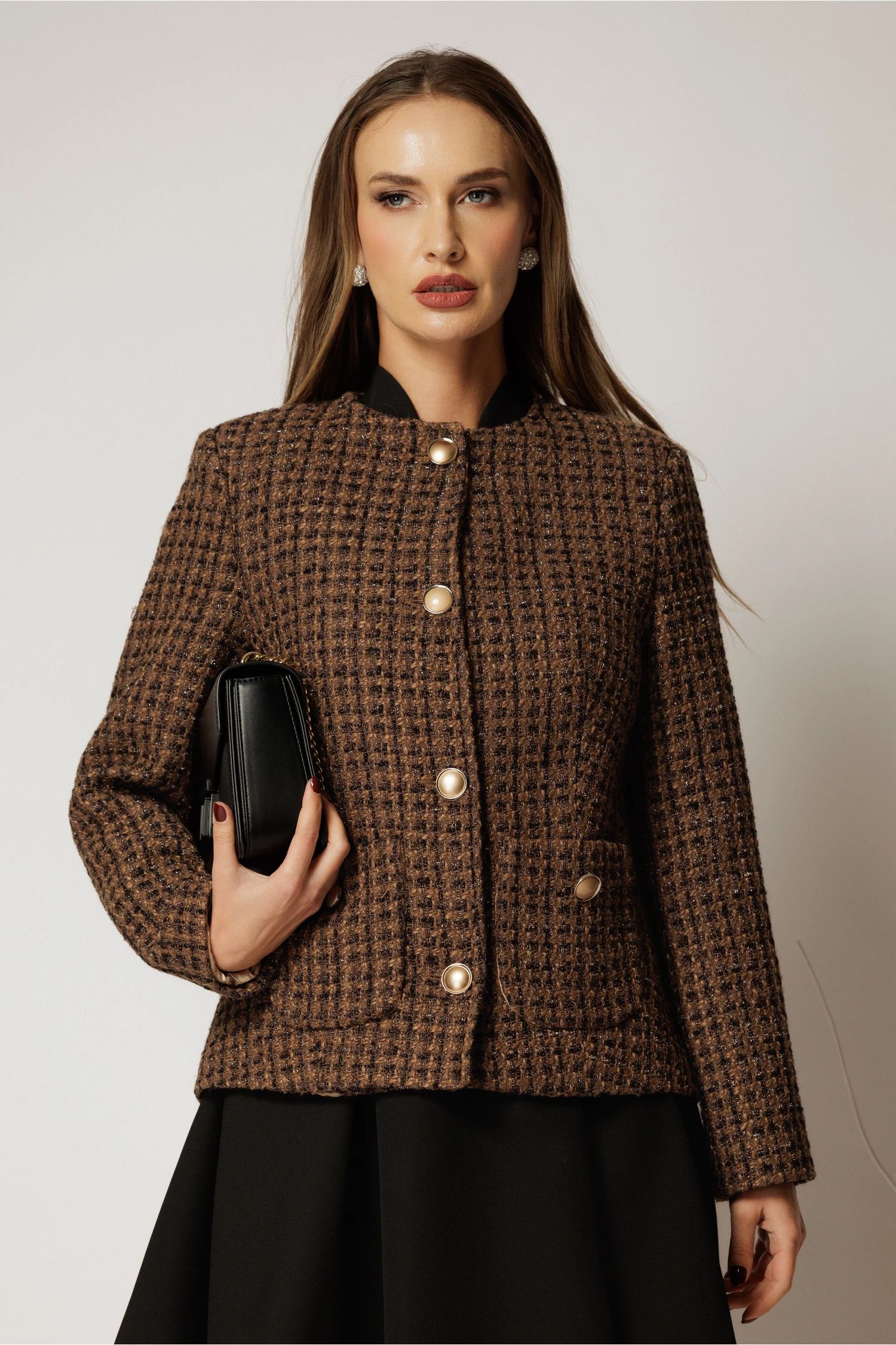 Sacou dama maro din tweed cu fir lurex