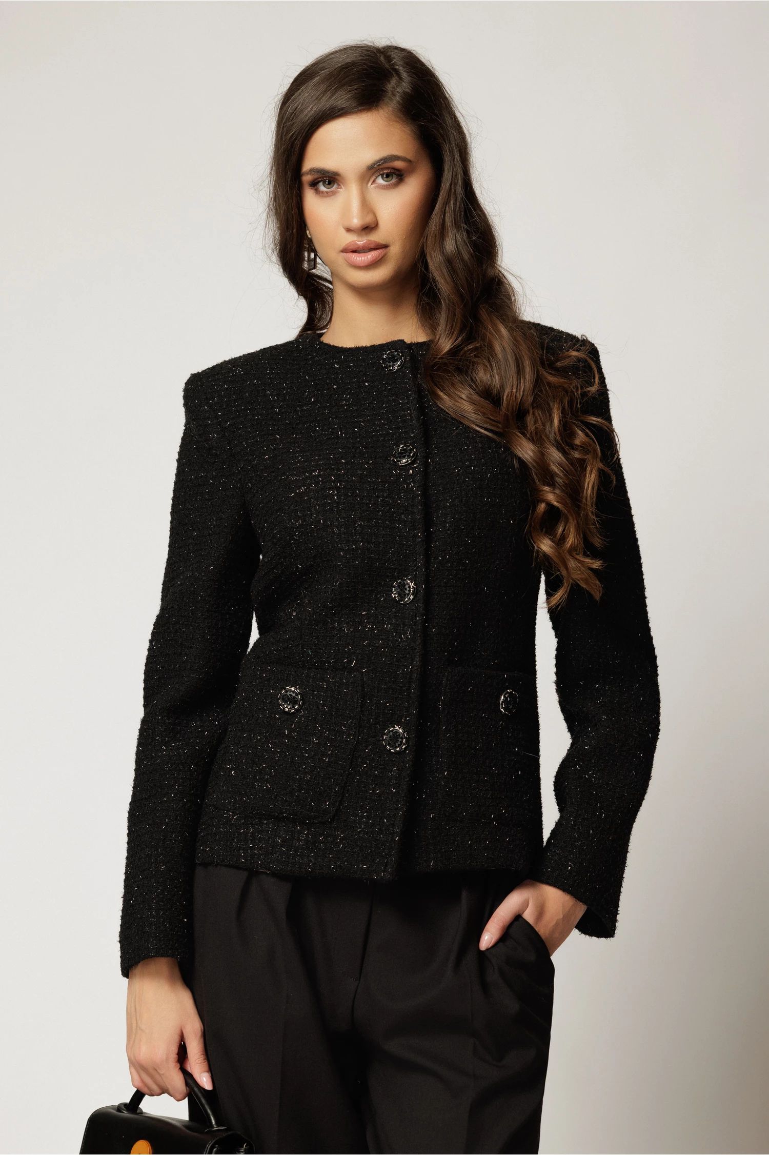Sacou dama negru din tweed cu fir lurex