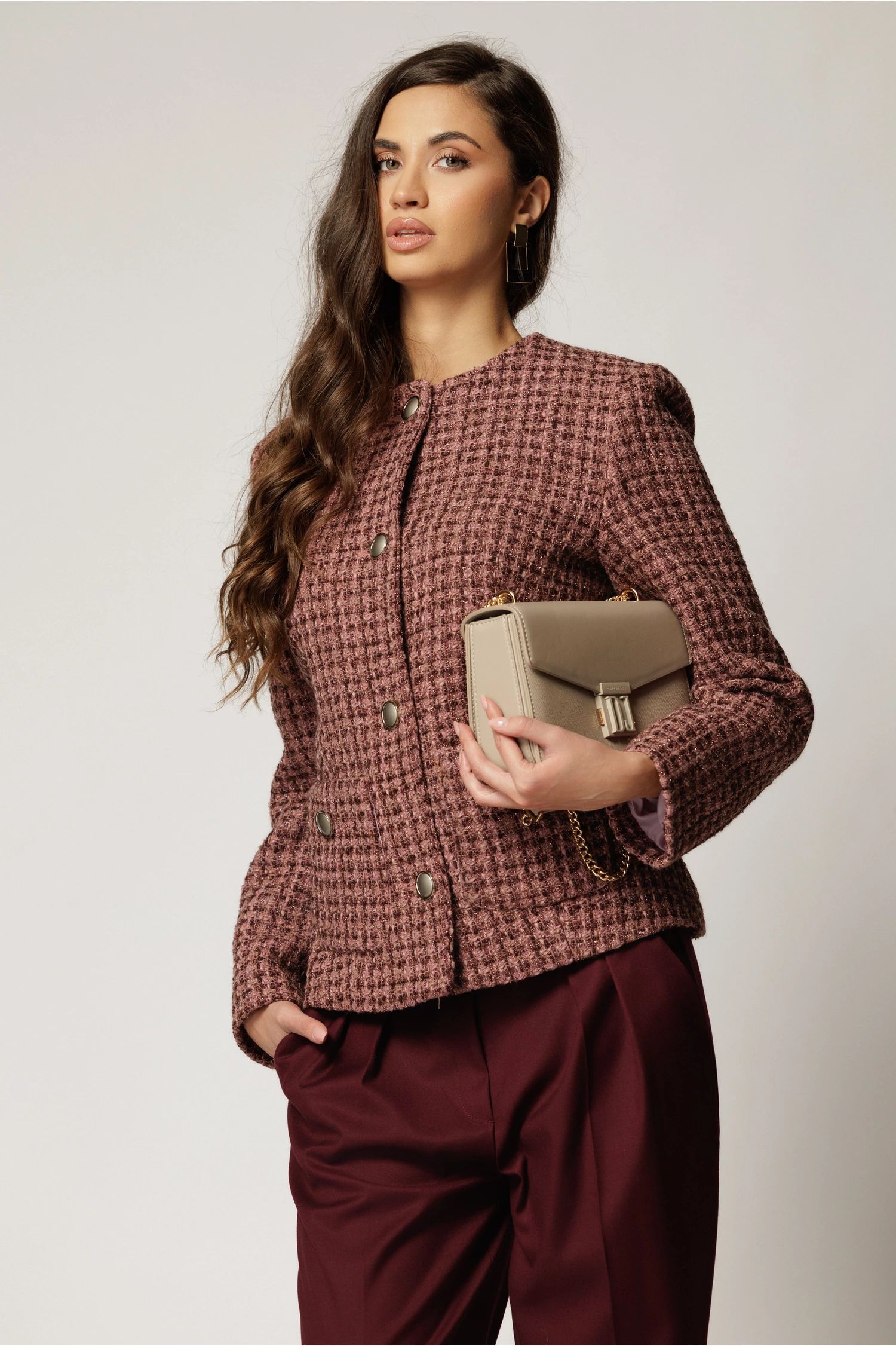 Sacou dama roz din tweed cu fir lurex