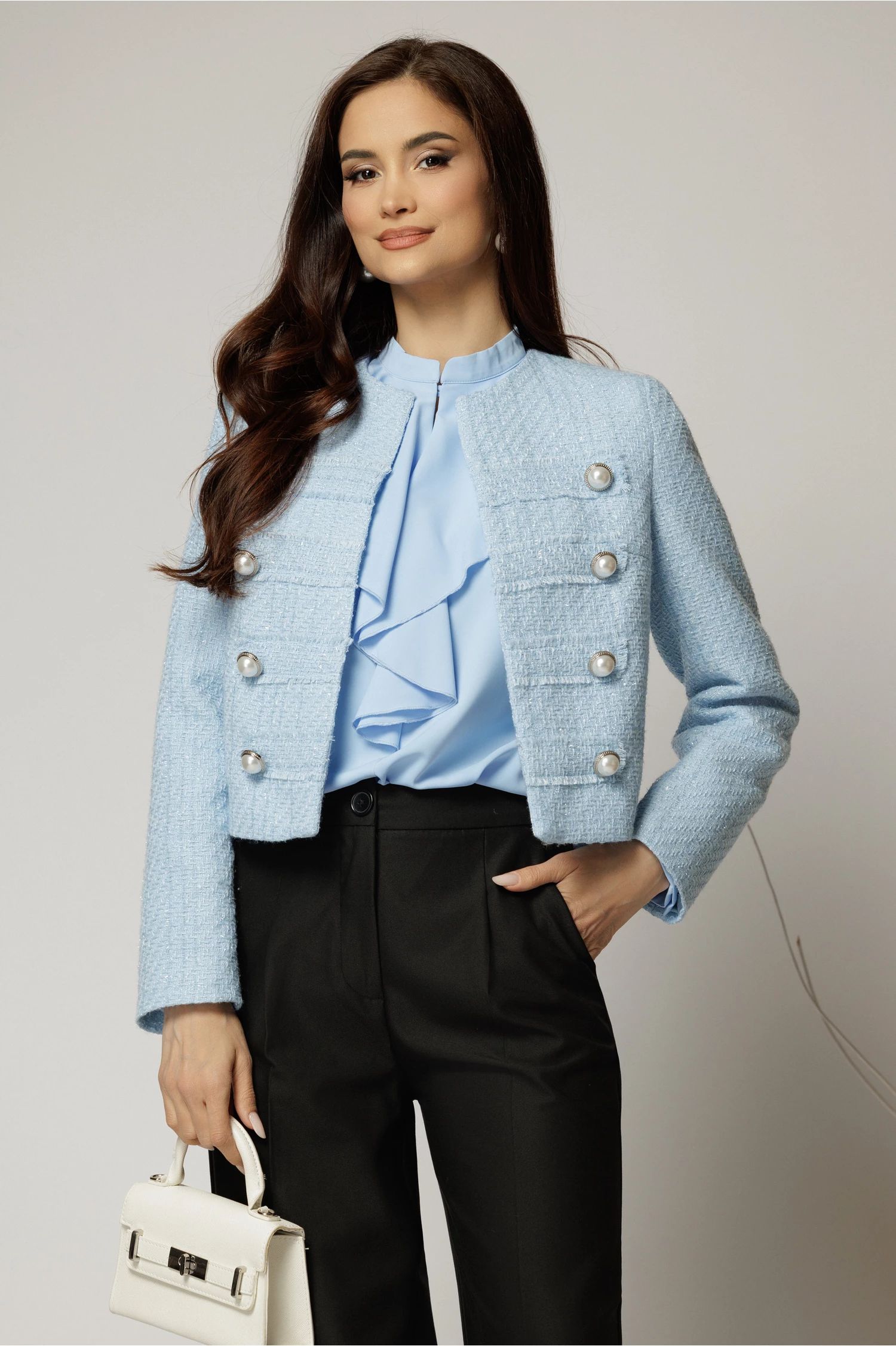 Sacou DY Fashion bleu din tweed si nasturi decorativi