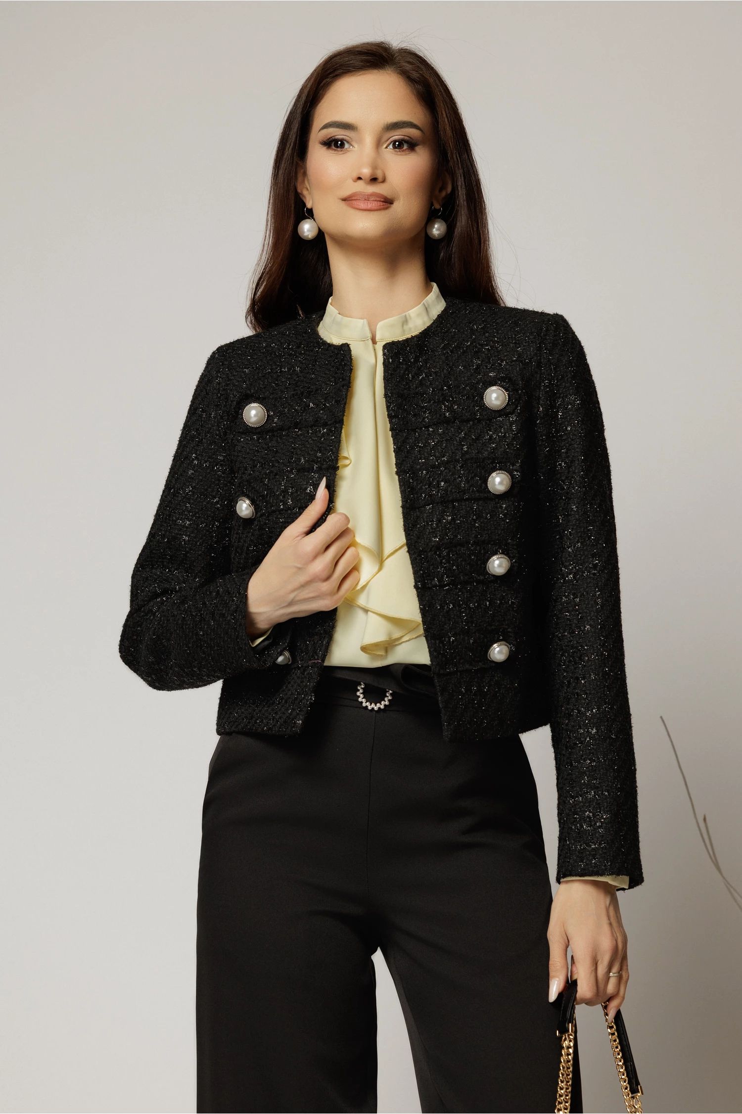 Sacou DY Fashion negru din tweed si nasturi decorativi