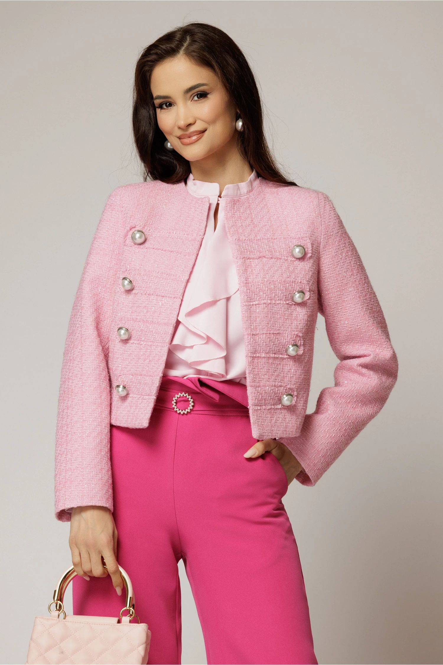 Sacou DY Fashion roz din tweed si nasturi decorativi
