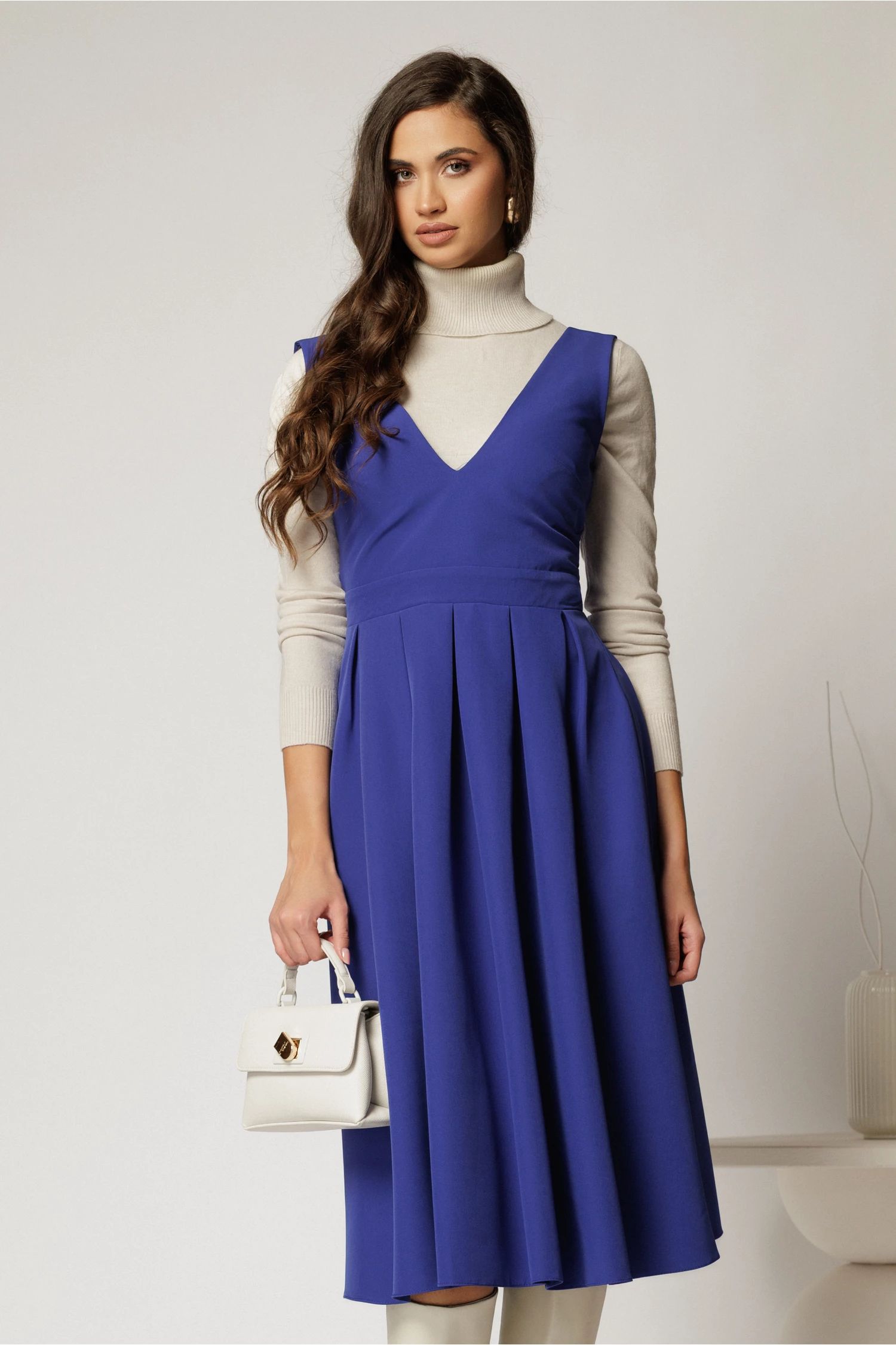 Sarafan DY Fashion midi albastru cu croi clos si pliuri
