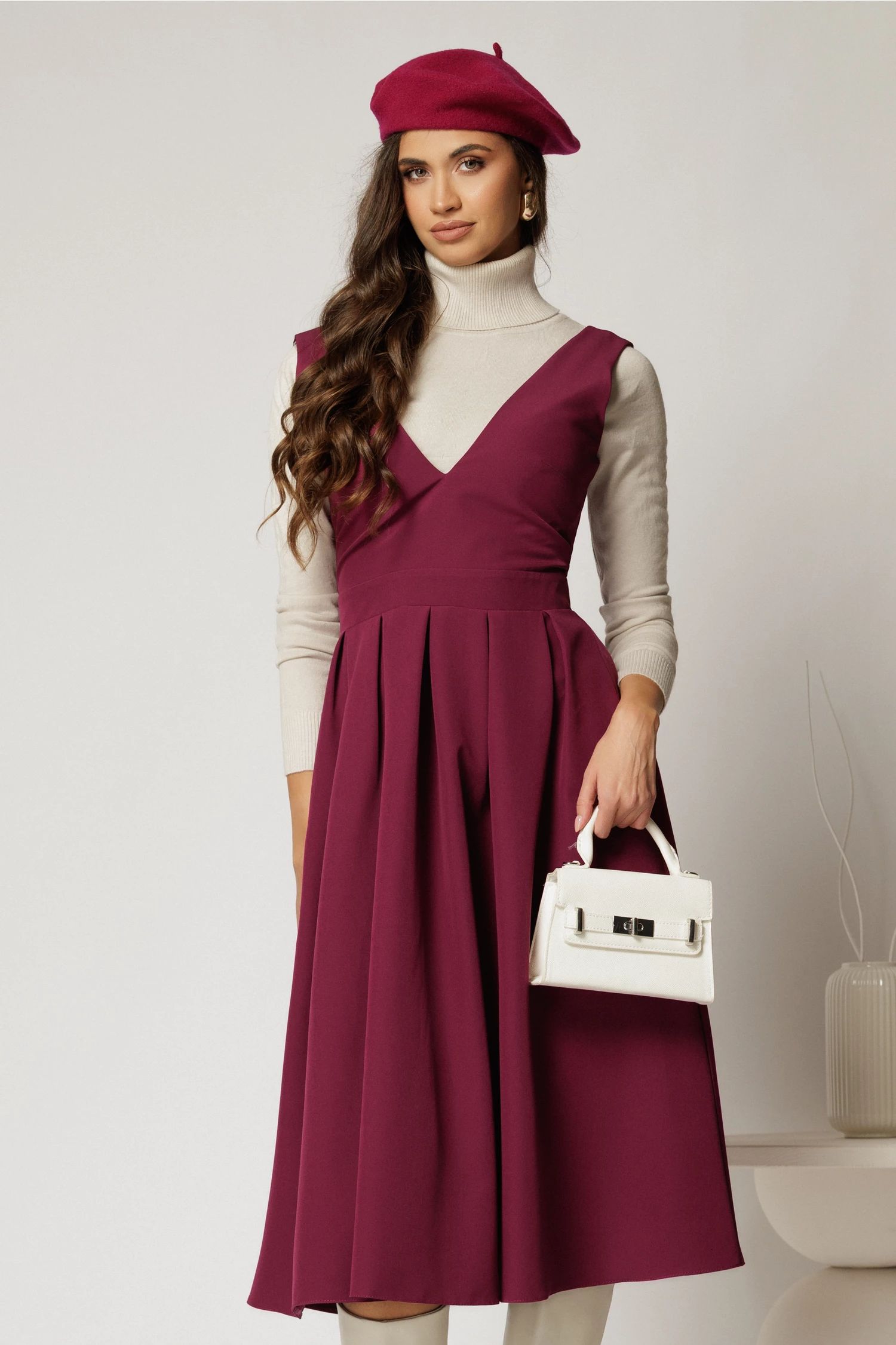 Sarafan DY Fashion midi magenta cu croi clos si pliuri