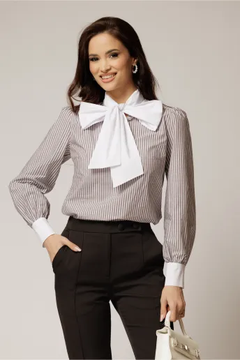 Bluza alba cu dungi negre din poplin cu esarfa tip funda la gat