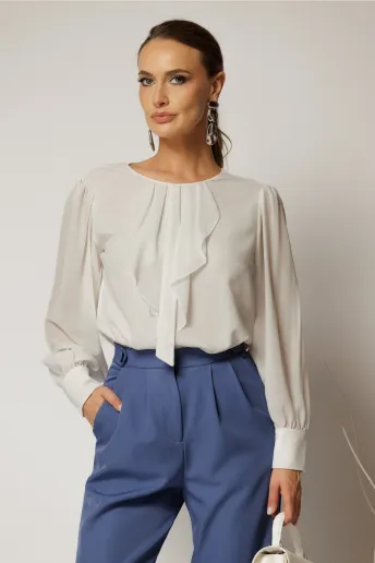 Bluza alba din voal cu sclipici si funda cu volanas la decolteu