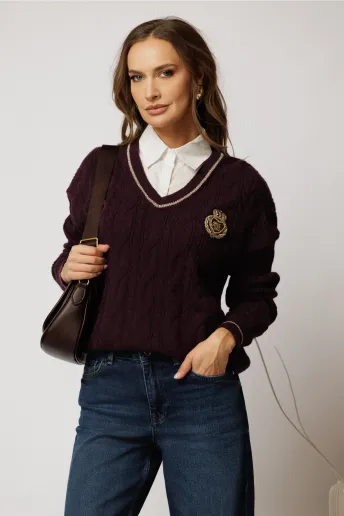 Bluza din tricot mov cu emblema si guler tip camasa