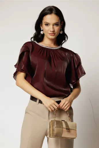Bluza DY Fashion grena din voal peliculizat cu maneci suprapuse