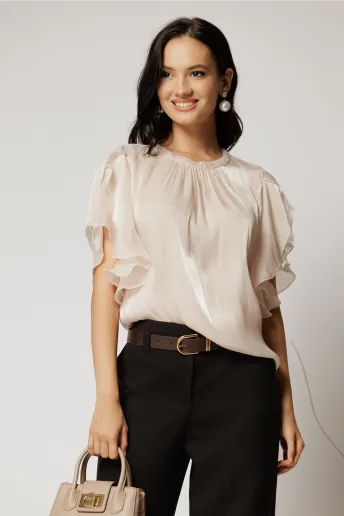 Bluza DY Fashion ivoar din voal peliculizat cu maneci suprapuse