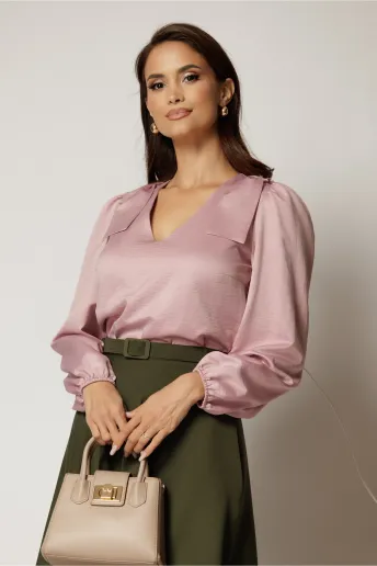 Bluza DY Fashion roz cu funde pe umeri si decolteu in V