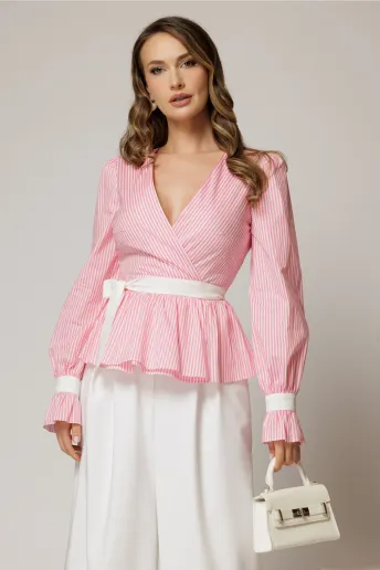 Bluza DY Fashion roz in dungi din poplin cu decolteu petrecut si maneci evazate
