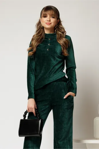 Bluza DY Fashion verde din catifea velurata cu nasturi la bust