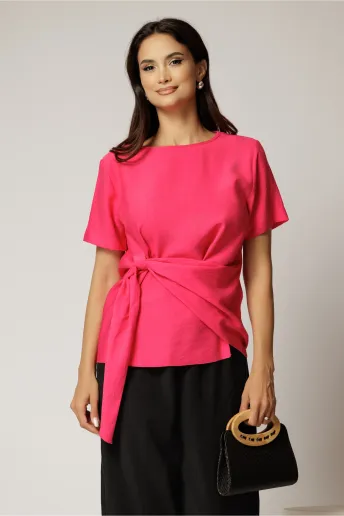 Bluza fucsia din viscoza cu nod in talie si croi lejer si maneci scurte
