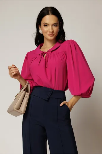 Bluza magenta cu guler rotund si snur la gat