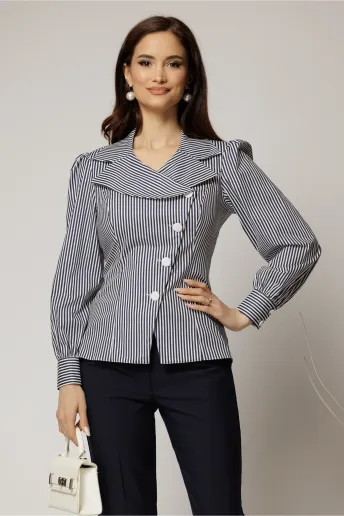 Camasa DY Fashion din poplin cu dungi bleumarin si nasturi asimetrici