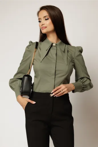 Camasa DY Fashion kaki din poplin cu guler dublu si croi cambrat