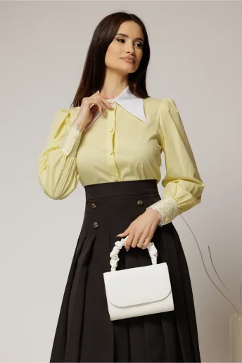 Camasa galbena din poplin cu guler ascutit si mansete cu dantela