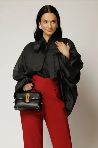 Camasa neagra din tencel cu maneca ampla si guler tip esarfa