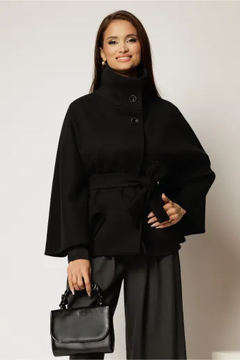 Capa scurta neagra din stofa cu cordon in talie