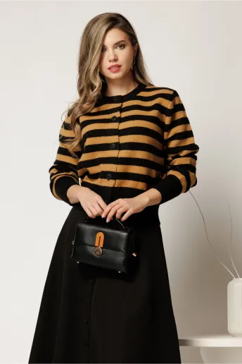 Cardigan scurt casual din tricot maro cu dungi negre si nasturi