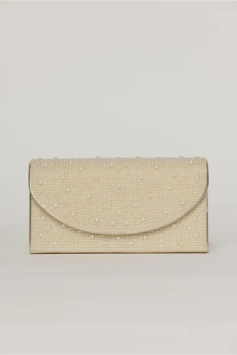 Clutch auriu metalizat cu clapeta curbata si decoratii aplicate