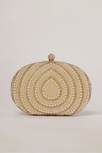 Clutch de ocazie auriu decorat cu strasuri si perlute