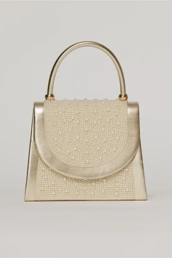 Clutch elegant auriu decorat cu perle si margele