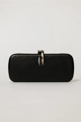 Clutch elegant negru cu inchidere metalica dubla