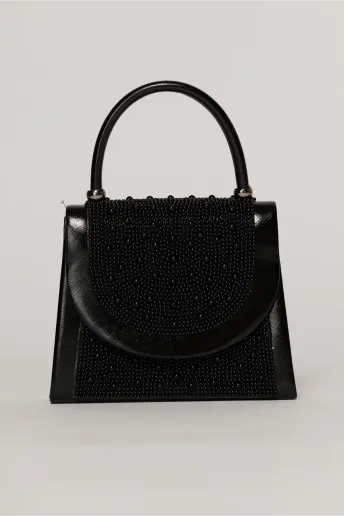 Clutch elegant negru decorat cu perle si margele
