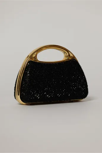 Clutch negru cu pietre stralucitoare si maner auriu
