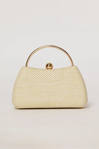 Clutch nude elegant cu maner auriu si design impletit