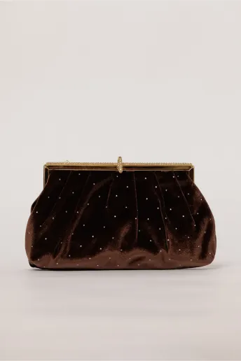 Clutch plic maro catifelat decorat cu pietre stralucitoare