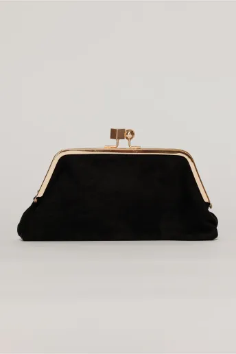 Clutch plic negru catifelat cu inchidere metalica aurie