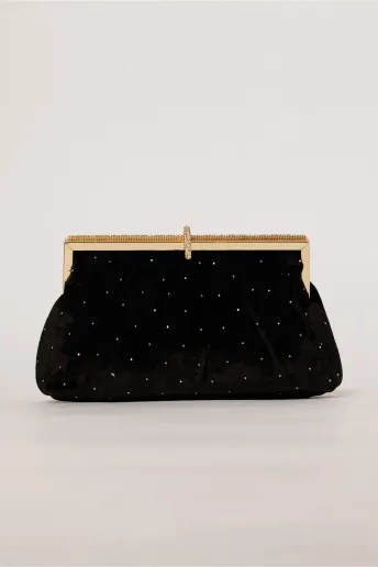 Clutch plic negru catifelat decorat cu pietre stralucitoare