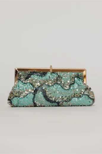 Clutch plic turcoaz cu paiete si margele