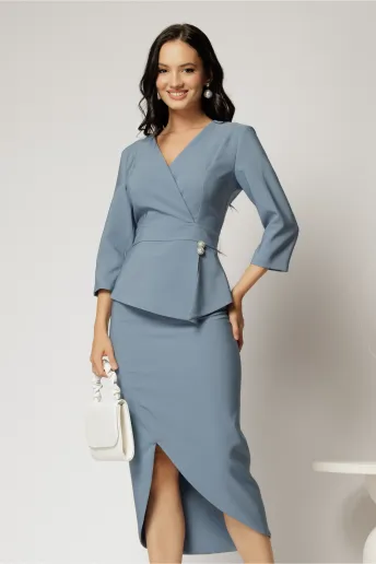 Compleu albastru dama format din sacou cu peplum si fusta cu slit asimetric