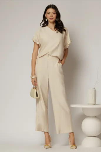 Compleu bej din viscoza cu pantalon si bluza cu maneci lejere