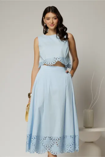 Compleu bleu din poplin format din fusta clos si top scurt