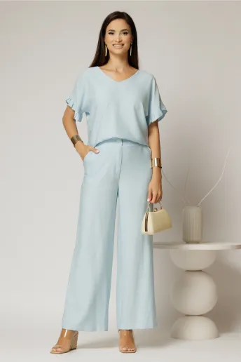 Compleu bleu din viscoza cu pantalon si bluza cu maneci lejere