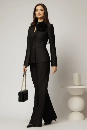 Compleu dama negru cu brosa florala detasabila format din sacou si pantalon