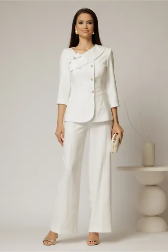 Compleu DY Fashion alb din sacou cu funda si nasturi perla si pantaloni