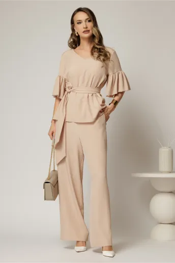 Compleu DY Fashion bej de zi din bluza si pantalon cu adaos de viscoza si croi lejer
