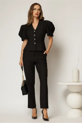 Compleu DY Fashion negru din sacou cambrat cu maneci bufante si pantalon