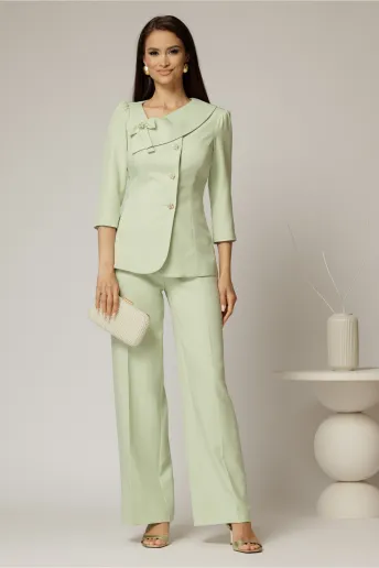 Compleu DY Fashion verde fistic din sacou cu funda si nasturi perla si pantaloni