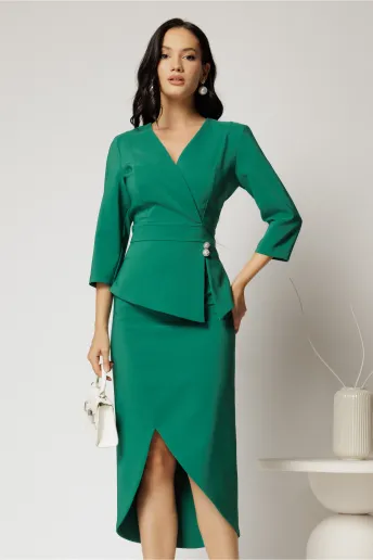 Compleu verde dama format din sacou cu peplum si fusta cu slit asimetric